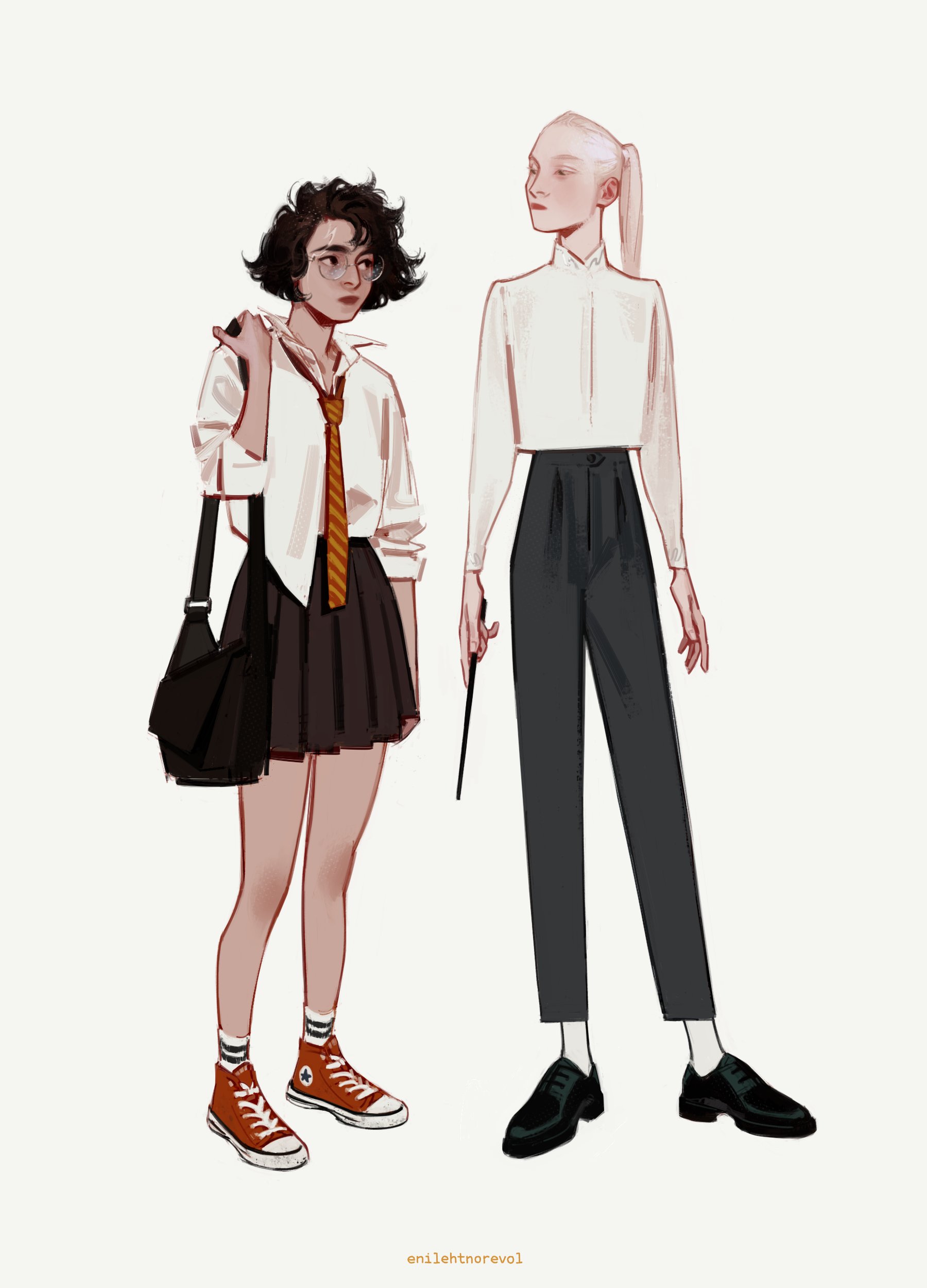 enilehtnorevol, draco malfoy, harry potter, converse, harry potter (series), wizarding world, absurdres, highres, 2girls, alternate costume, alternate design, alternate hairstyle, ankle socks, artist name, asymmetrical bangs, bag, black bag, black pants, black shoes, bob cut, brown eyes, brown hair, brown skirt, closed mouth, collared shirt, eye contact, full body, genderswap, genderswap (mtf), green eyes, hair slicked back, height difference, high-waist pants, high collar, high ponytail, holding, holding wand, long sleeves, looking at another, looking at viewer, messy hair, multiple girls, necktie, oxfords, pants, pleated skirt, ponytail, popped collar, red necktie, red shoes, round eyewear, scar, scar on face, scar on forehead, shirt, shirt partially tucked in, shirt tucked in, shoes, shoulder bag, simple background, skirt, sleeves rolled up, socks, striped necktie, tan, thick eyebrows, wand, wavy hair, white background, white hair, white socks