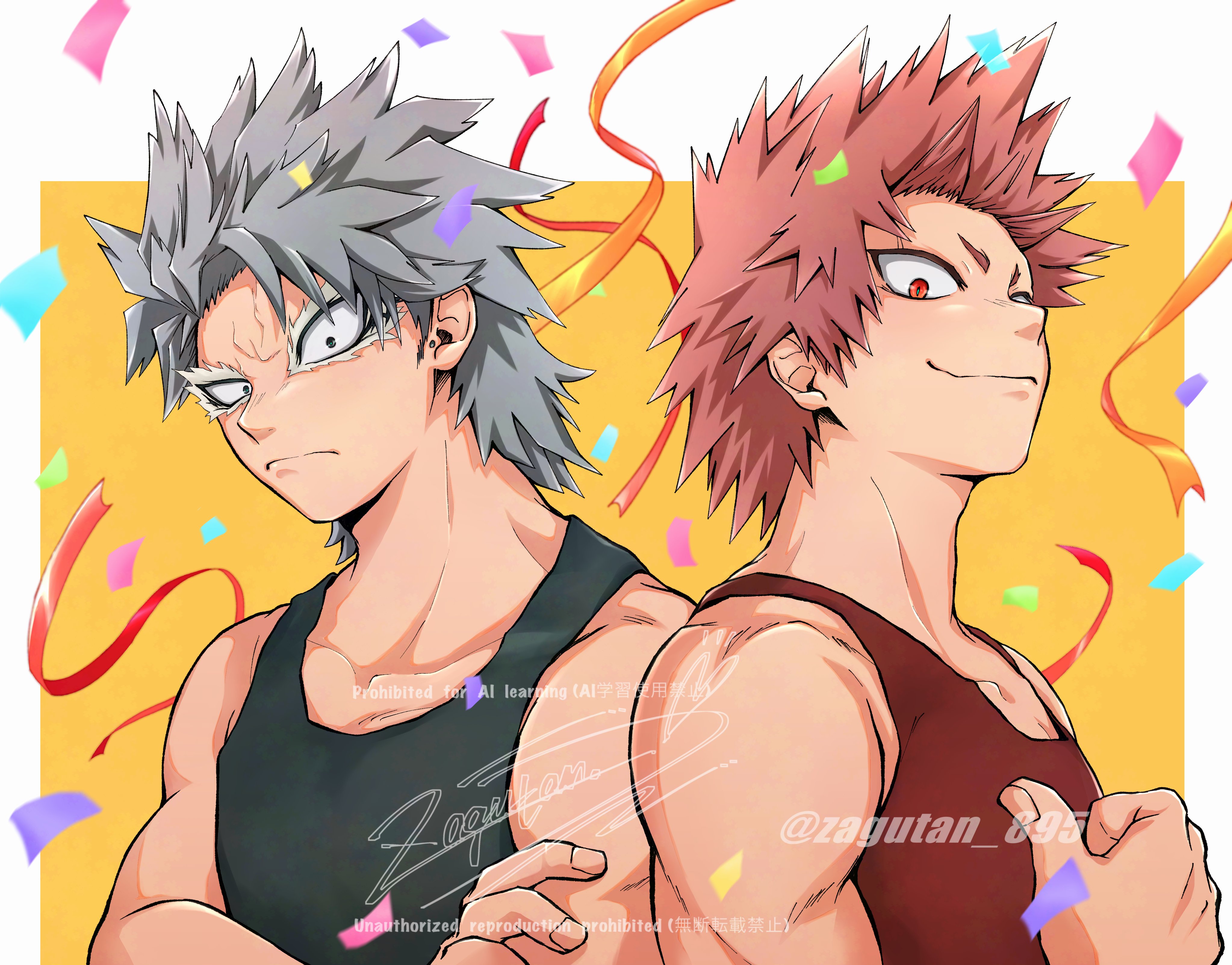 kirishima eijiro, tetsutetsu tetsutetsu, boku no hero academia, absurdres, commentary request, highres, 2boys, birthday connection, confetti, ear piercing, grey hair, grey tank top, light smile, looking at viewer, male focus, medium hair, multiple boys, piercing, red eyes, red hair, red tank top, short hair, signature, spiked hair, streamers, tank top, toned, toned male, tragus piercing, twitter username, upper body, watermark, zagutan 895