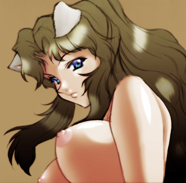 rf400rv, 1girl, animal ears, blue eyes, bouncing breasts, breasts, brown hair, dog ears, female focus, from side, large breasts, long hair, looking at viewer, nipples, nude, simple background, solo, topless female, topless frame, upper body
