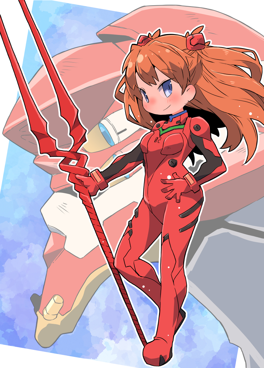 nomeoil, eva 02, souryuu asuka langley, neon genesis evangelion, highres, 1girl, blue eyes, bodysuit, holding, holding polearm, holding weapon, lance of longinus (evangelion), long hair, mecha, mecha pilot suit, plugsuit (evangelion), polearm, robot, science fiction, weapon
