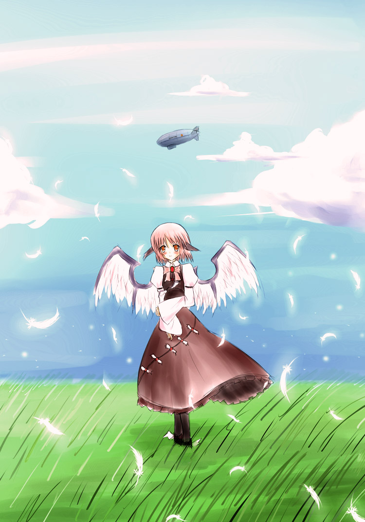 hanetsuki tokei, hatsuki, mystia lorelei, touhou, bad id, bad pixiv id, 1girl, aircraft, animal ears, dirigible, feathers, female focus, grass, pink hair, red eyes, short hair, solo, wings