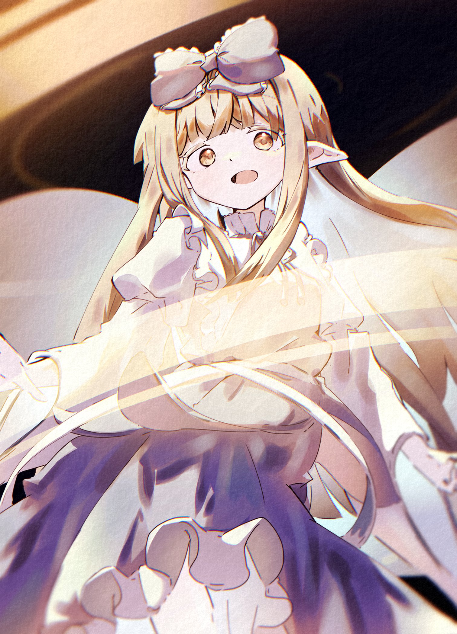 orz torifune, star sapphire, touhou, commentary request, highres, 1girl, black hair, blonde hair, blush, bow, brown hair, dress, drill hair, fairy, fairy wings, hair bow, hat, long hair, long sleeves, open mouth, ribbon, short hair, smile, wings