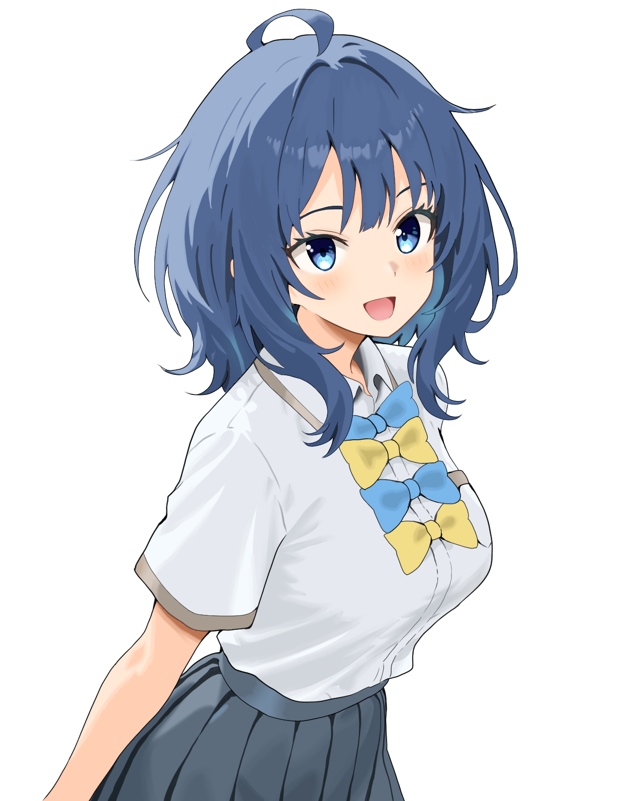 yanami anna, make heroine ga oo sugiru!, highres, 1girl, :d, ahoge, blue bow, blue eyes, blue hair, blush, bow, collared shirt, grey skirt, iv (gwps8853), medium hair, open mouth, pleated skirt, school uniform, shirt, shirt tucked in, simple background, skirt, smile, tsuwabuki high school uniform, white background, white shirt, yellow bow
