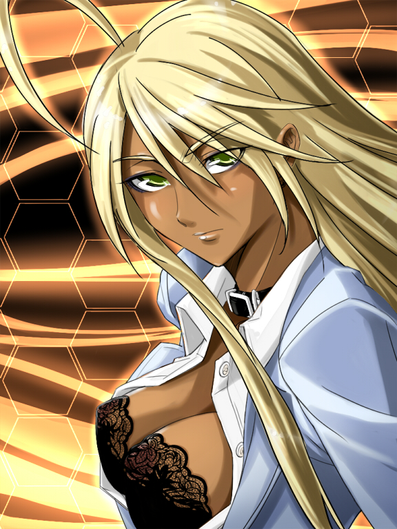 schelz, 1girl, ahoge, blonde hair, bra, breasts, choker, cleavage, dark-skinned female, dark skin, female focus, green eyes, lace, lace-trimmed bra, lace trim, lingerie, long hair, open clothes, open shirt, shirt, solo, underwear, very long hair