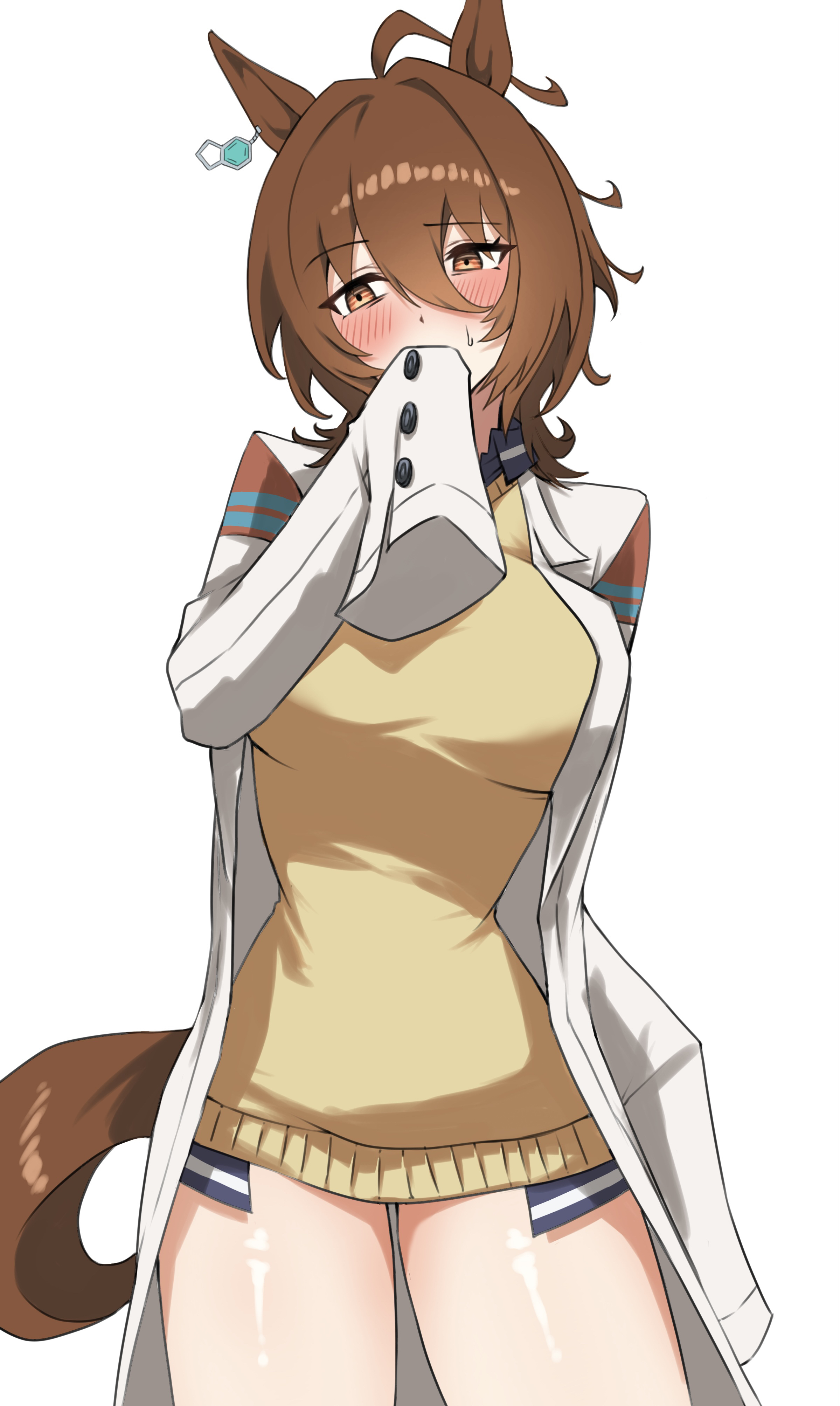 anok7456, agnes tachyon (tach-nology) (umamusume), agnes tachyon (umamusume), umamusume, absurdres, commentary, highres, revision, 1girl, animal ears, breasts, brown eyes, brown hair, hair between eyes, horse ears, horse tail, lab coat, large breasts, no legwear, short hair, sleeves past fingers, sleeves past wrists, solo, standing, sweater, tail, thighs, yellow sweater