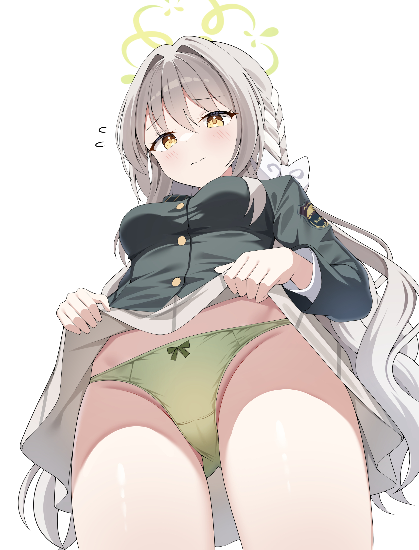 sob (submar1089), miyo (blue archive), blue archive, commentary, highres, 1girl, black bow, black bowtie, blazer, blush, bow, bow panties, bowtie, braid, breasts, buttons, choppy bangs, closed mouth, clothes lift, diagonal-striped bow, diagonal-striped bowtie, diagonal-striped clothes, flying sweatdrops, from below, furrowed brow, green halo, green panties, grey hair, grey skirt, groin, hair between eyes, hair bow, hair intakes, hair ribbon, halo, jacket, long hair, long sleeves, looking at viewer, looking down, medium breasts, panties, plaid clothes, plaid skirt, ribbon, ribbon braid, simple background, skirt, skirt lift, solo, standing, striped bow, striped bowtie, striped clothes, thighs, underwear, very long hair, white background, white bow, wild hunt academy of arts logo, yellow eyes