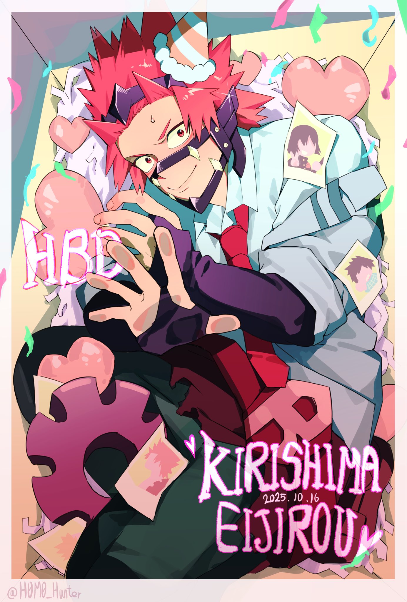 kirishima eijiro, boku no hero academia, commentary request, highres, korean commentary, 1boy, border, character name, closed mouth, collared shirt, confetti, dated, h0m0 hunter, happy, looking at viewer, male focus, necktie, red eyes, red necktie, shirt, short hair, smile, solo, spiked hair, white border, white shirt