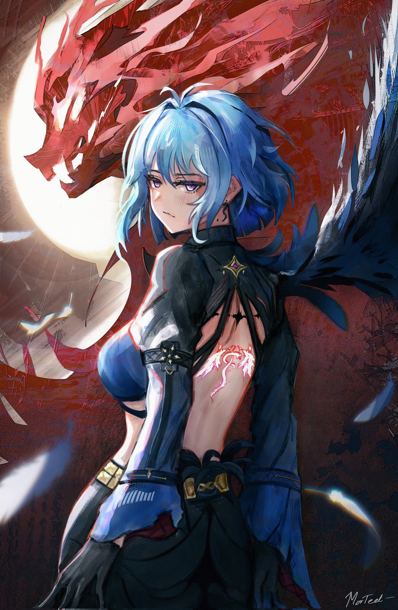 galbrena (wuthering waves), wuthering waves, commentary, highres, 1girl, artist name, back tattoo, black gloves, black jacket, black shorts, blue bra, bra, breasts, closed mouth, cowboy shot, cropped jacket, earrings, from behind, gloves, grey hair, jacket, jewelry, looking at viewer, looking back, medium breasts, medium hair, mole, mole on neck, morted art, purple eyes, shorts, sidelocks, solo, tacet mark (wuthering waves), tattoo, underwear