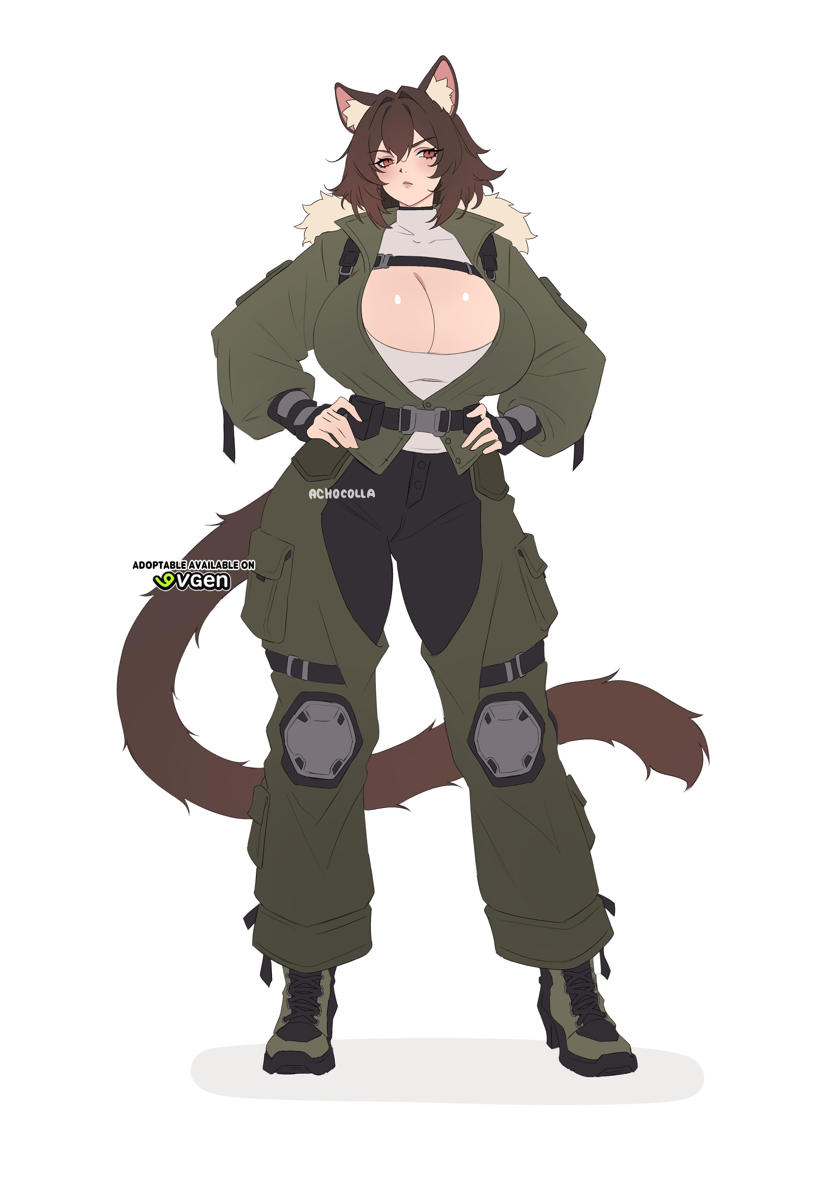 original, absurdres, highres, 1girl, achocolla, animal ear fluff, animal ears, breasts, brown hair, cat ears, cat girl, cat tail, cleavage, hands on own hips, large breasts, pout, red eyes, solo, tail