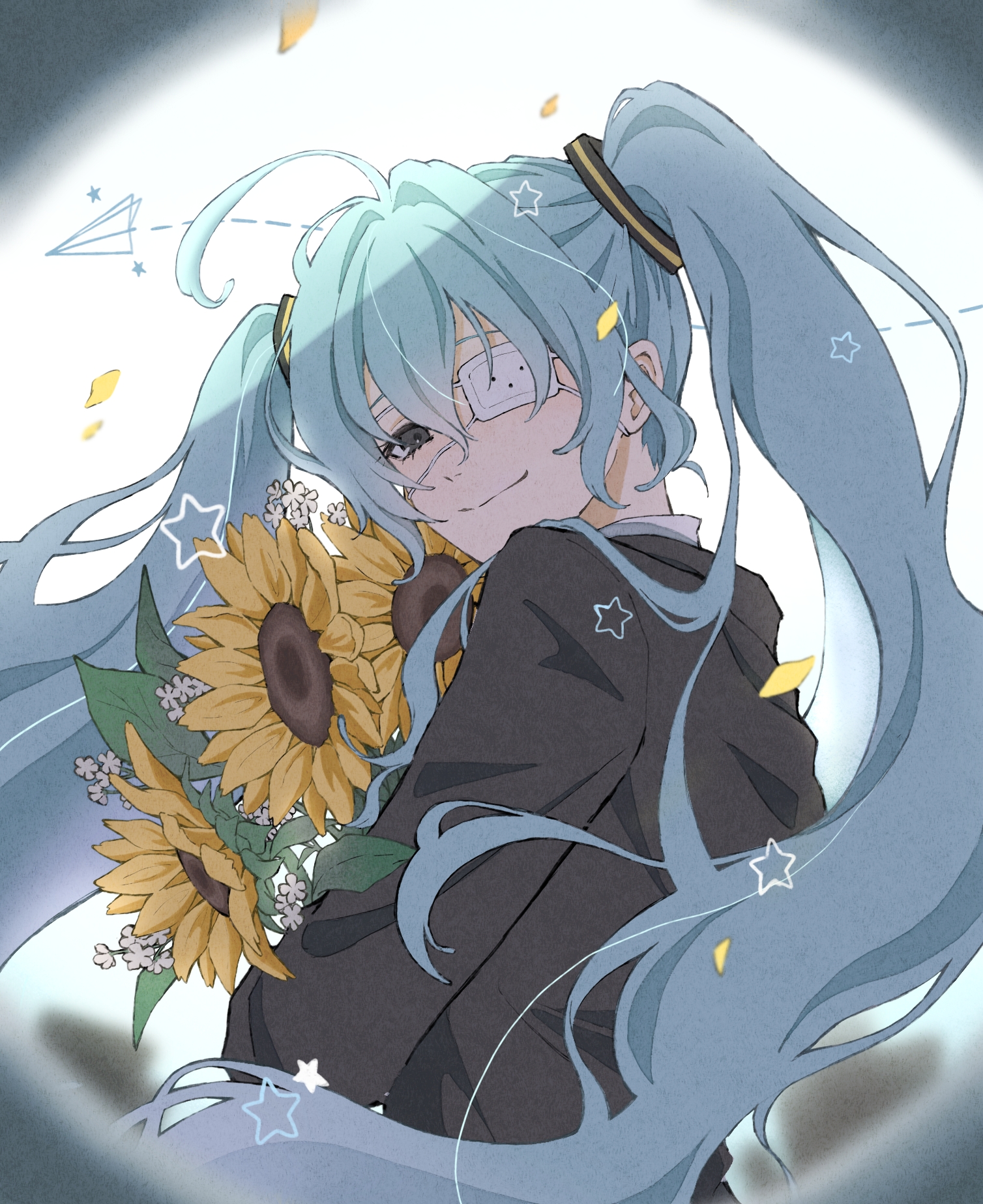 hatsune miku, monitoring (vocaloid), vocaloid, commentary request, highres, 1girl, ahoge, black jacket, blue hair, blurry, blurry background, bouquet, collared shirt, double-parted bangs, eyepatch, falling petals, flower, grey eyes, hair intakes, holding, holding flower, jacket, long hair, long sleeves, looking at viewer, looking back, medical eyepatch, paper airplane, peephole, petals, pov peephole, shirt, smile, solo, star (symbol), sunflower, tamaco 3, twintails, upper body, very long hair, white shirt, yellow petals