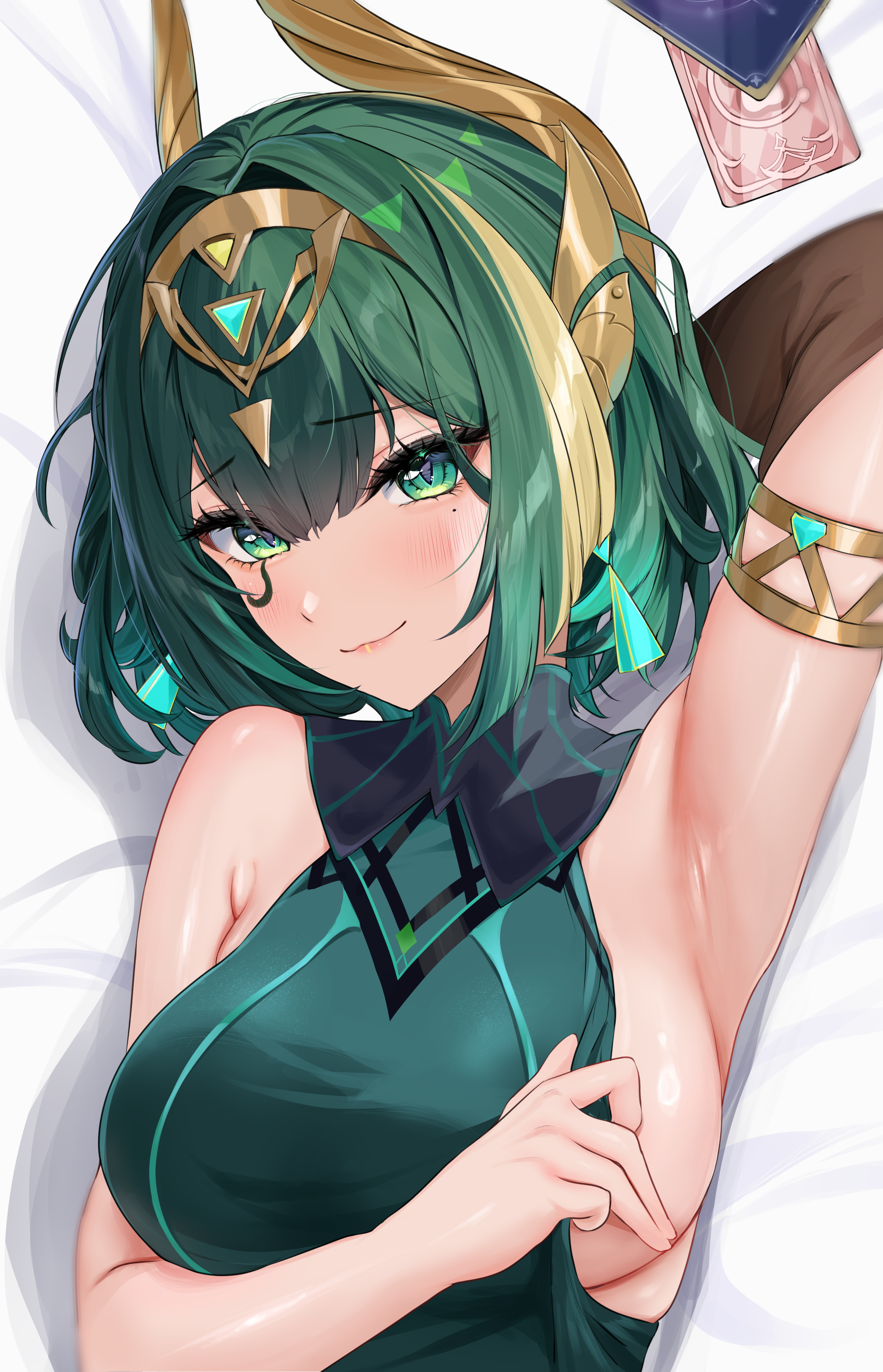 yonbajai, nefer (genshin impact), genshin impact, absurdres, highres, 1girl, arm up, armpits, bed sheet, blush, breasts, closed mouth, green eyes, green hair, green shirt, large breasts, looking at viewer, mark under eye, mole, mole under eye, presenting armpit, shirt, short hair, sideboob, smile, solo, symbol-shaped pupils, triangle-shaped pupils, upper body