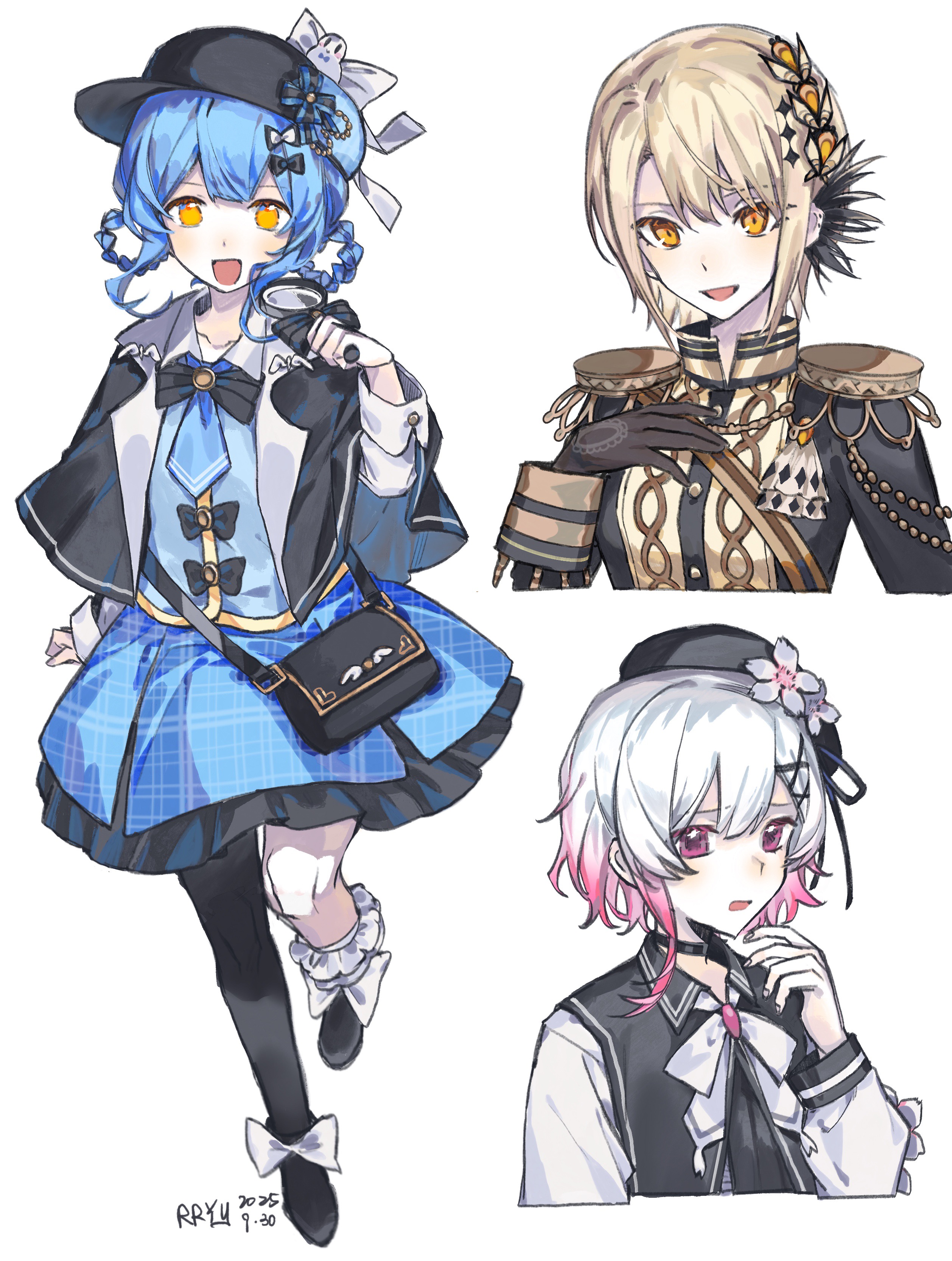 rryy, hasumi leia, sakuraba ema, tachibana sherry, mahou shoujo no majo saiban, absurdres, chinese commentary, commentary request, highres, 3girls, asymmetrical legwear, beret, black bag, black capelet, black gloves, black hat, black jacket, black shoes, blonde hair, blue hair, blue skirt, bow, braid, braided hair rings, capelet, cropped torso, deerstalker, epaulettes, flower, frilled skirt, frills, full body, gloves, gradient hair, hair flower, hair ornament, hair rings, hand on own chest, hand up, hat, holding, holding magnifying glass, jacket, long sleeves, looking at viewer, magnifying glass, multicolored hair, multiple girls, open mouth, pink eyes, pink hair, pleated skirt, sash, shoes, short hair, shoulder sash, simple background, skirt, smile, standing, standing on one leg, white background, white bow, white flower, white hair, x hair ornament, yellow eyes