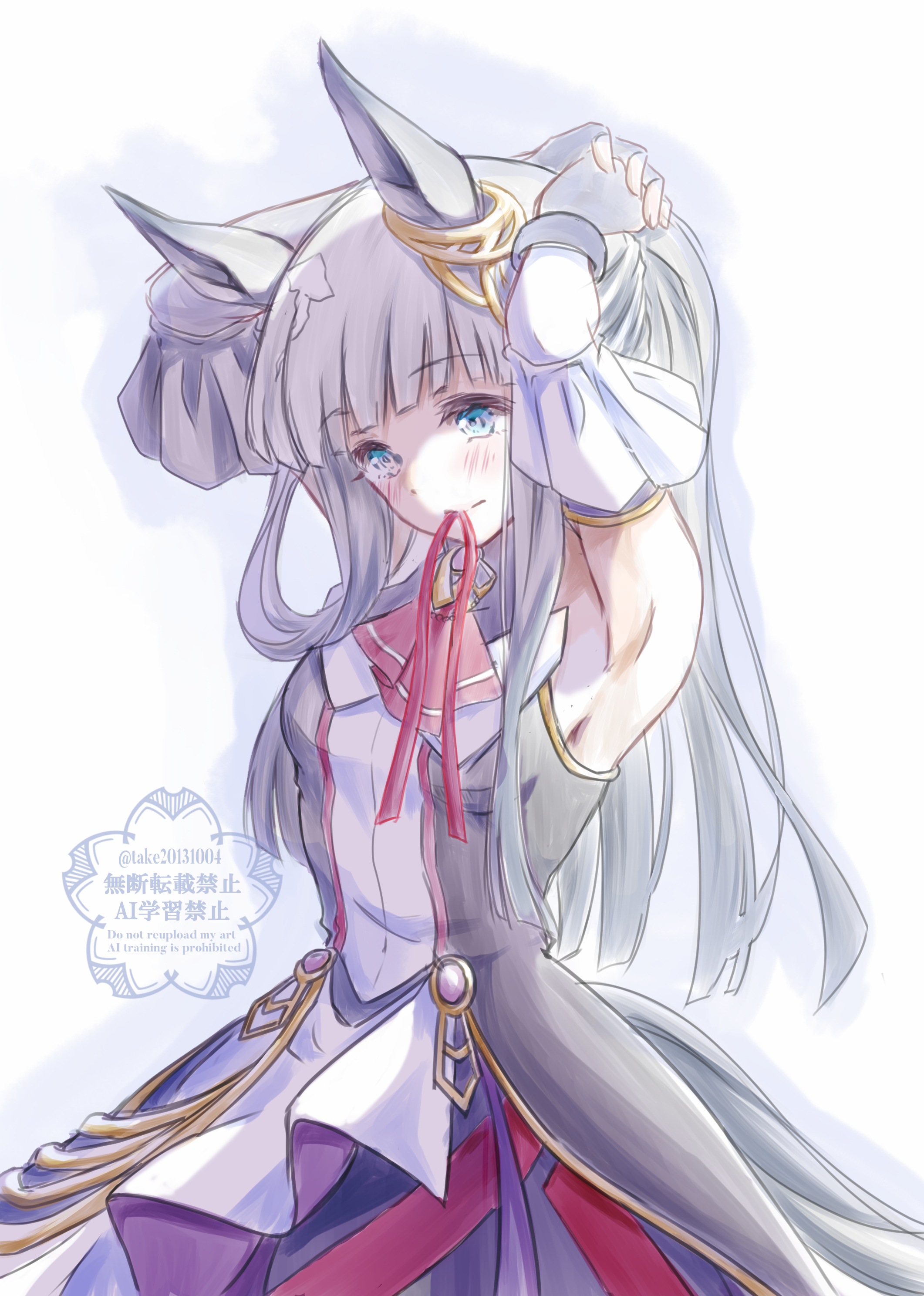take20131004, chrono genesis (umamusume), umamusume, absurdres, highres, 1girl, animal ears, armpits, arms behind head, blue eyes, blush, breasts, closed mouth, detached sleeves, fingerless gloves, gloves, grey hair, horse ears, horse girl, horse tail, presenting armpit, small breasts, solo, tail, watermark, white background