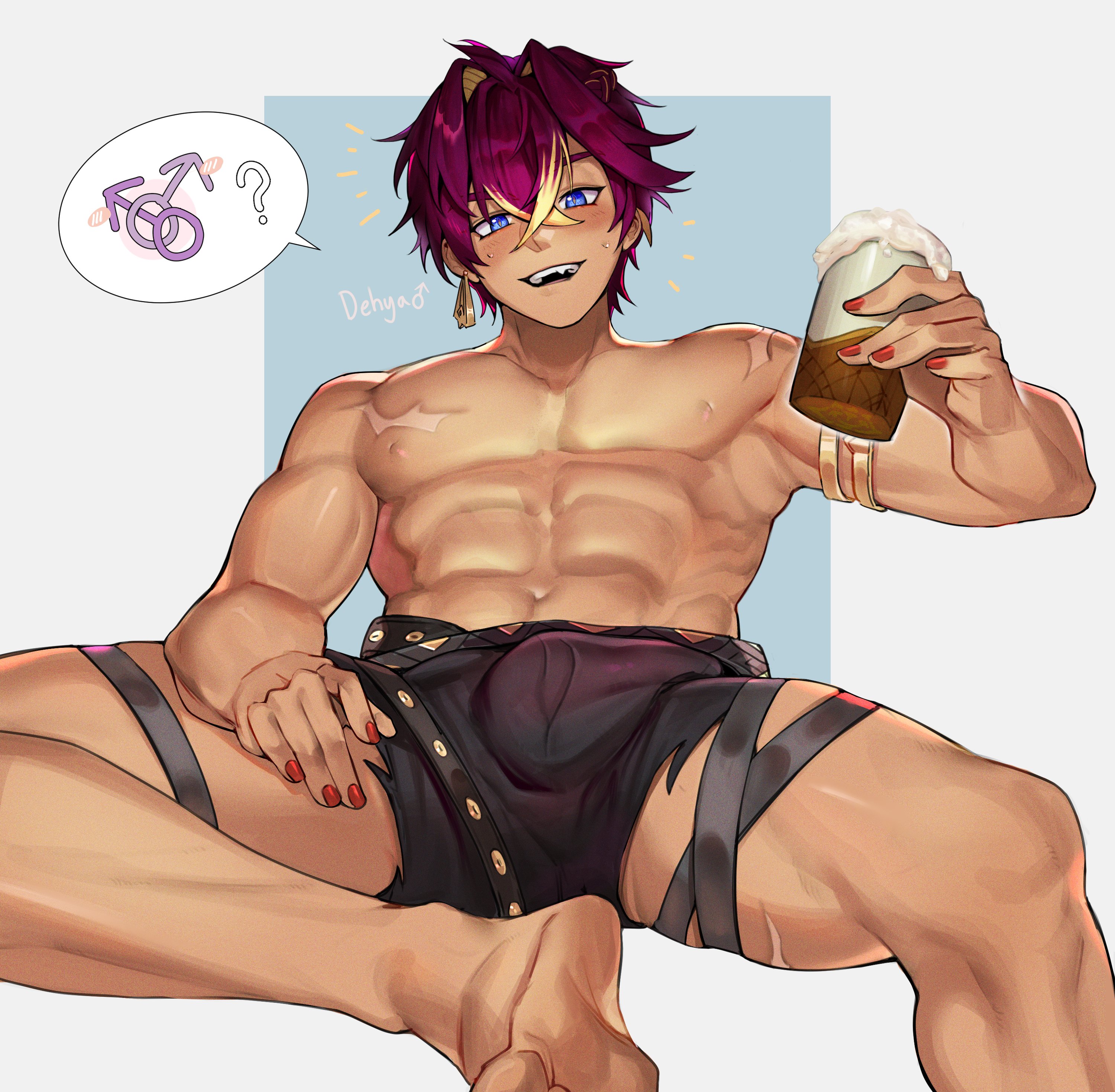 bana gameg, dehya (genshin impact), genshin impact, absurdres, commentary, highres, 1boy, abs, beer mug, blue eyes, blush, bulge, character name, colored inner hair, cup, dark-skinned male, dark skin, earrings, feet, genderswap, genderswap (ftm), hair between eyes, holding, holding cup, interlocked mars symbols, jewelry, looking at viewer, male focus, mars symbol, mug, multicolored hair, multiple scars, navel, nipples, pectorals, purple hair, red nails, scar, scar on chest, scar on leg, short hair, shorts, soles, solo, streaked hair, teeth, thighs, toned, toned male, two-tone hair, upper teeth only