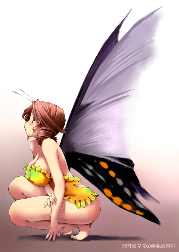 togusa masamu, 1girl, barefoot, bottomless, breasts, brown eyes, brown hair, butterfly wings, drill hair, fairy, female focus, from side, full body, insect wings, kneeling, large breasts, mini person, minigirl, short hair, solo, squatting, wings