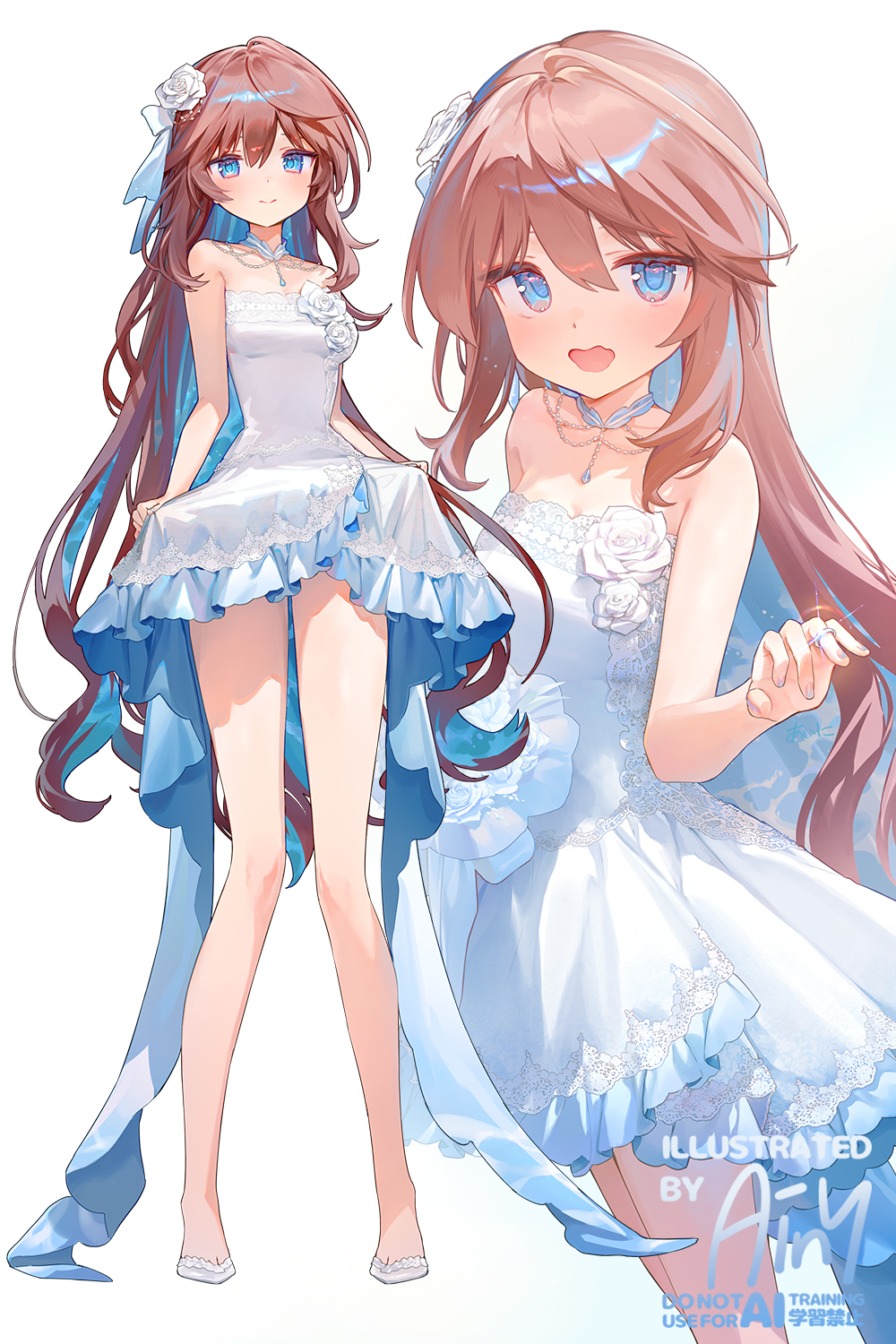ainy, original, commentary request, highres, 1girl, artist name, bare arms, bare shoulders, blue eyes, blue hair, blush, breasts, brown hair, closed mouth, colored inner hair, dress, full body, jewelry, long hair, looking at viewer, medium breasts, multicolored hair, multiple views, necklace, open mouth, ring, shoes, simple background, smile, standing, strapless, strapless dress, two-tone hair, watermark, white background, white dress, white shoes