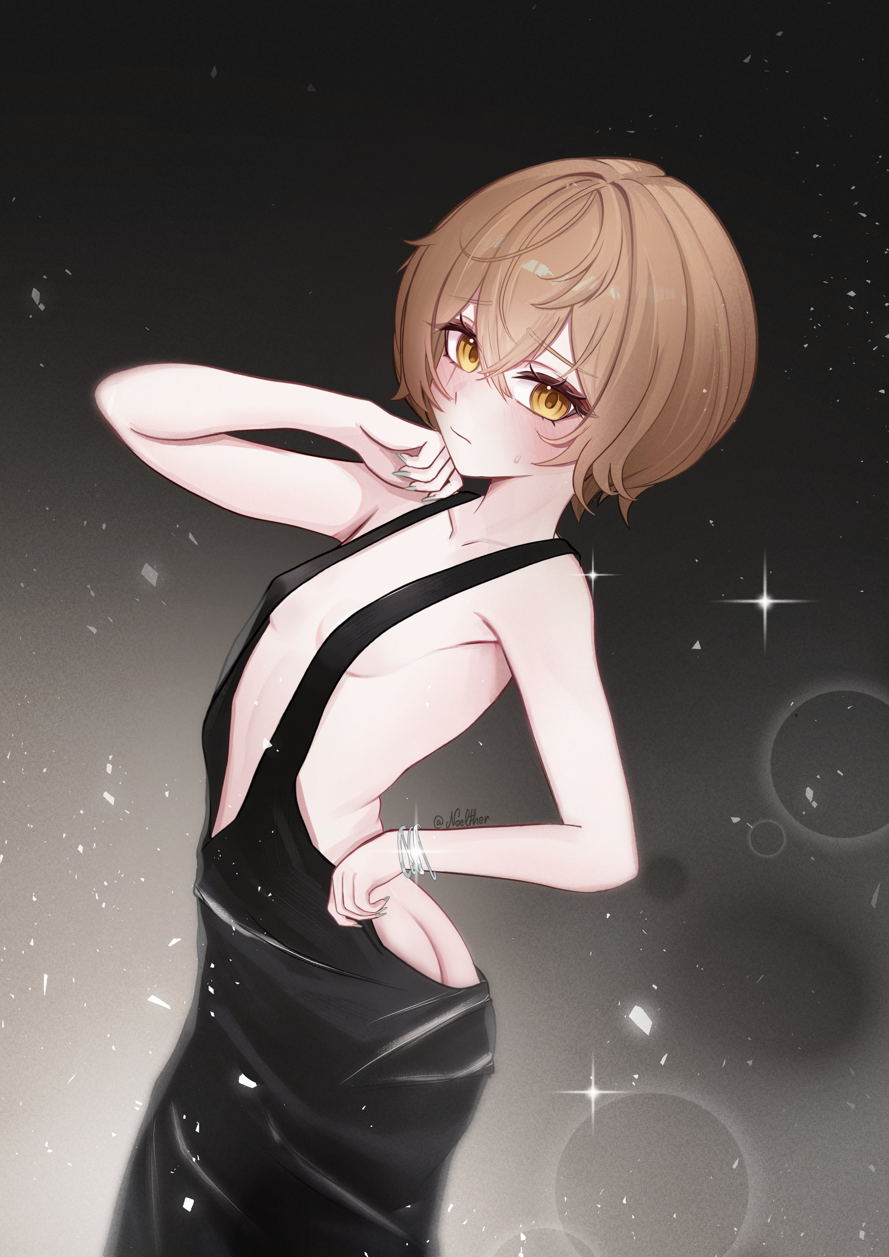 noelther (artist), clio aite, phase connect, 1girl, armpits, ass, bare shoulders, black dress, breasts, brown eyes, brown hair, butt crack, collarbone, dress, medium hair, small breasts, virtual youtuber
