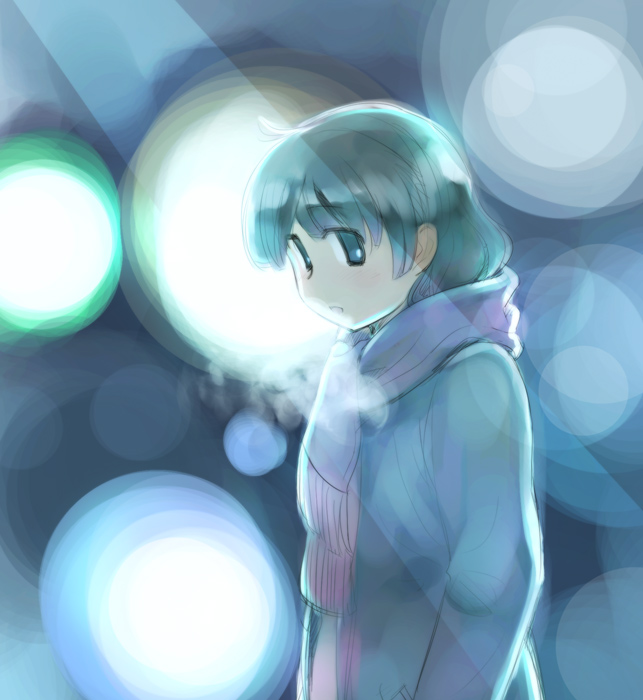 ikeda jun (mizutamari), original, 1girl, blurry, bokeh, coat, dark, depth of field, female focus, scarf, solo, winter