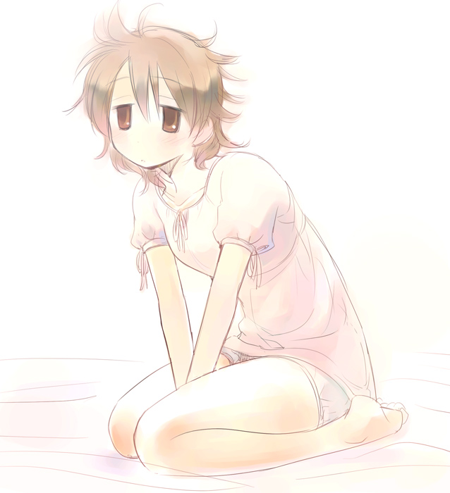 ikeda jun (mizutamari), original, 1girl, barefoot, bed, breasts, brown eyes, brown hair, collarbone, female focus, messy hair, pajamas, red eyes, seiza, short hair, shorts, sitting, sleepwear, sleepy, small breasts, solo, waking up