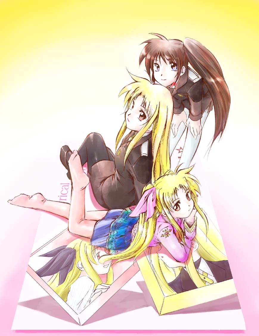 jason (kaiten kussaku kikou), alicia testarossa, fate testarossa, takamachi nanoha, lyrical nanoha, mahou shoujo lyrical nanoha, 00s, 3girls, blonde hair, feet, hands on own knees, long hair, military, military uniform, multiple girls, pantyhose, red hair, side ponytail, time paradox, twintails, very long hair