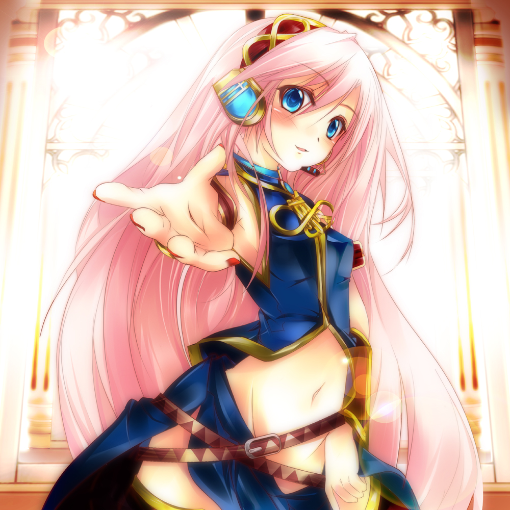 shirokitsune, megurine luka, vocaloid, bad id, bad pixiv id, 1girl, aqua eyes, belt, female focus, headset, long hair, midriff, navel, outstretched arm, outstretched hand, pink hair, reaching, solo, thighhighs, very long hair