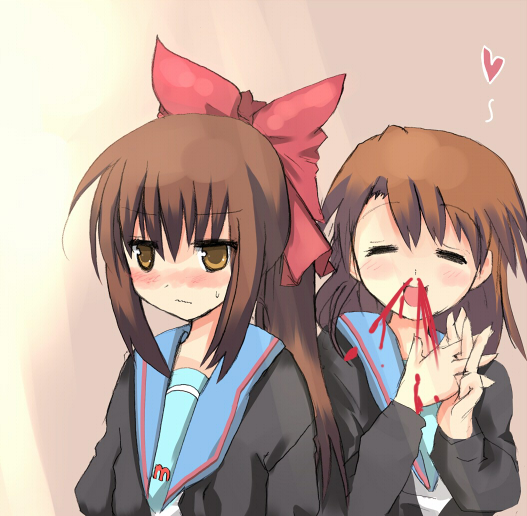 nurupodesu, tsunono, koizumi itsuki (female), kyonko, suzumiya haruhi no yuuutsu, 00s, 2girls, blood, brown hair, cardigan, genderswap, genderswap (mtf), multiple girls, nosebleed, ponytail, ribbon