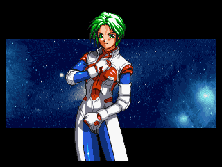 yamazaki kaoru (snk), blazing star, pulstar, snk, lowres, tagme, 1girl, bodysuit, cowboy shot, female focus, gloves, green hair, looking at viewer, pixel art, qvga, solo, space, standing, star (sky)