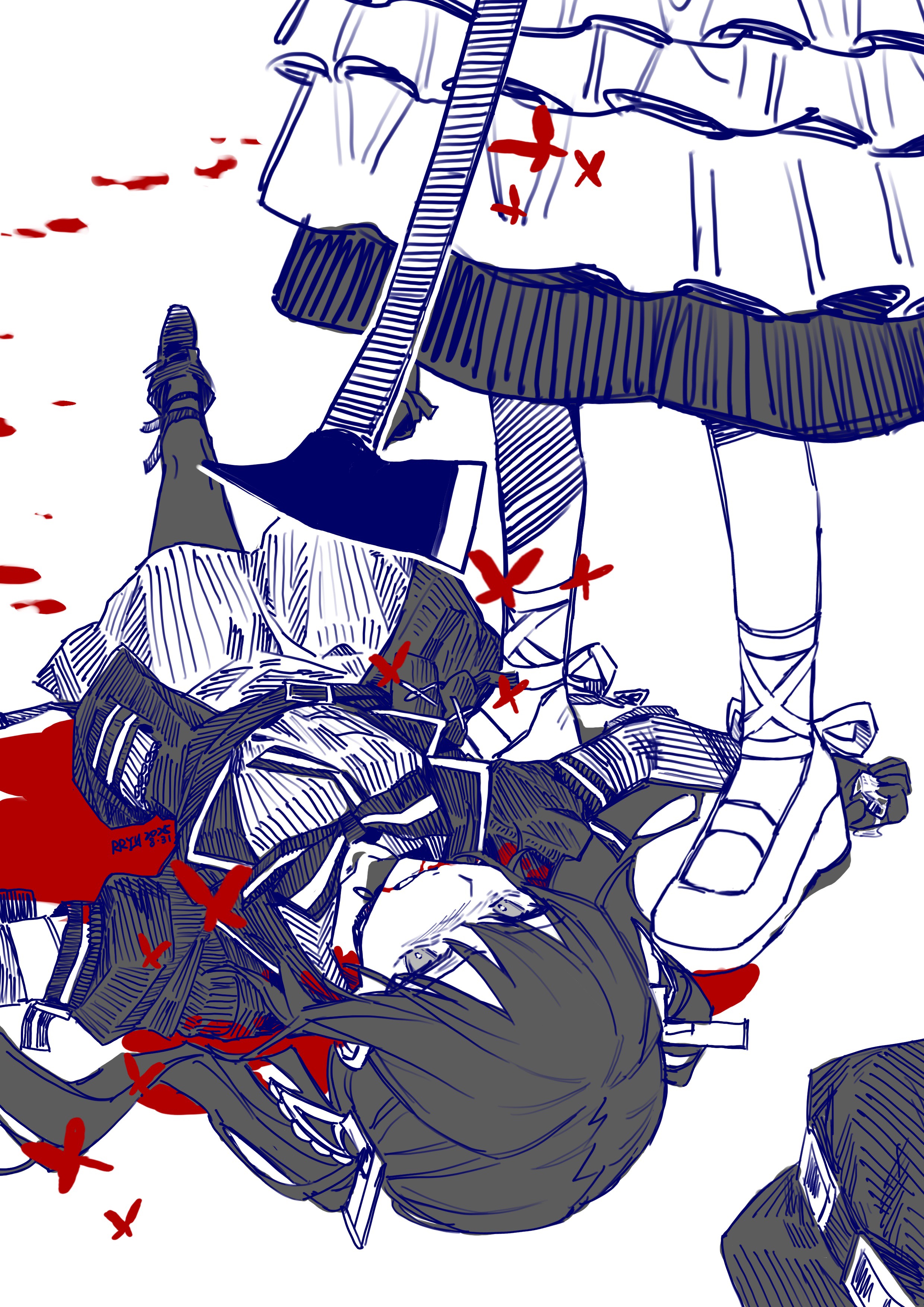 rryy, hikami meruru, mahou shoujo no majo saiban, absurdres, chinese commentary, commentary request, highres, spoilers, 2girls, axe, black hair, black hat, blood, dress, grey eyes, hat, holding, holding axe, imminent death, injury, kurobe nanoka, long hair, lying, multiple girls, neck ribbon, on back, out of frame, ribbon, shoes, spot color, standing, twintails, unworn hat, unworn headwear, white background