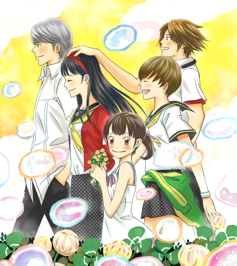 c (neta), magukappu, amagi yukiko, doujima nanako, hanamura yousuke, narukami yu, satonaka chie, atlus, hachimitsu to clover, honey and clover, persona, persona 4, 2boys, 3girls, :d, ^ ^, arms behind back, black hair, blunt bangs, blush, brown eyes, brown hair, bubble, checkered clothes, checkered skirt, closed eyes, closed mouth, clothes around waist, dress, flower, from side, grey hair, hairband, hand in pocket, hand on another's head, holding, holding flower, jacket, jacket around waist, long hair, long sleeves, looking at another, looking at viewer, looking to the side, multiple boys, multiple girls, open mouth, pants, parody, plaid clothes, plaid skirt, pleated skirt, profile, ribbon-trimmed dress, ribbon trim, sailor collar, school uniform, serafuku, shirt, short hair, short sleeves, skirt, sleeveless, sleeveless dress, smile, standing, sundress, twintails, white shirt, wristband