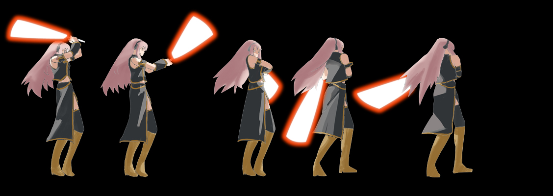 yuzmit, megurine luka, vocaloid, energy sword, lightsaber, long hair, pink hair, sequential, sword, thighhighs, very long hair, weapon