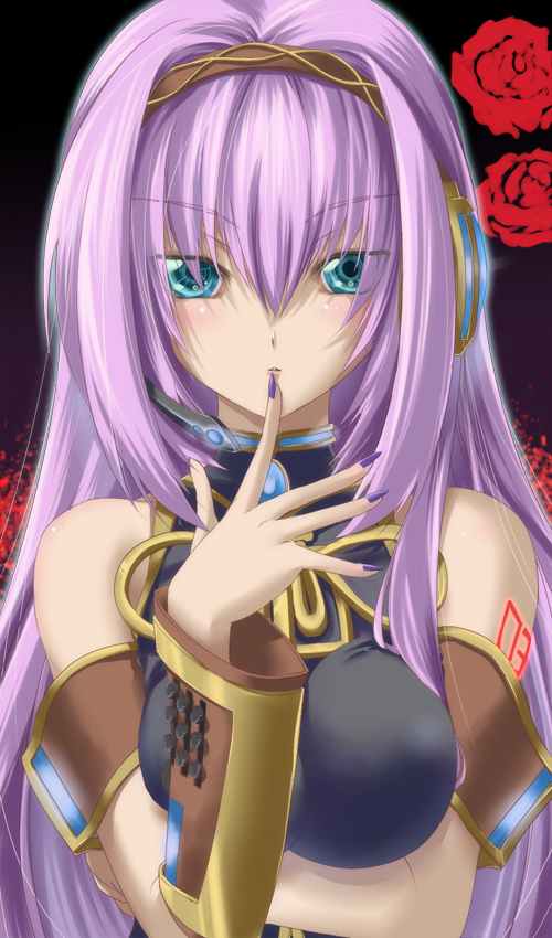 hazuki touya, kyougoku touya, megurine luka, vocaloid, breast hold, 1girl, aqua eyes, breasts, detached sleeves, female focus, long hair, nail polish, pink hair, purple nails, solo