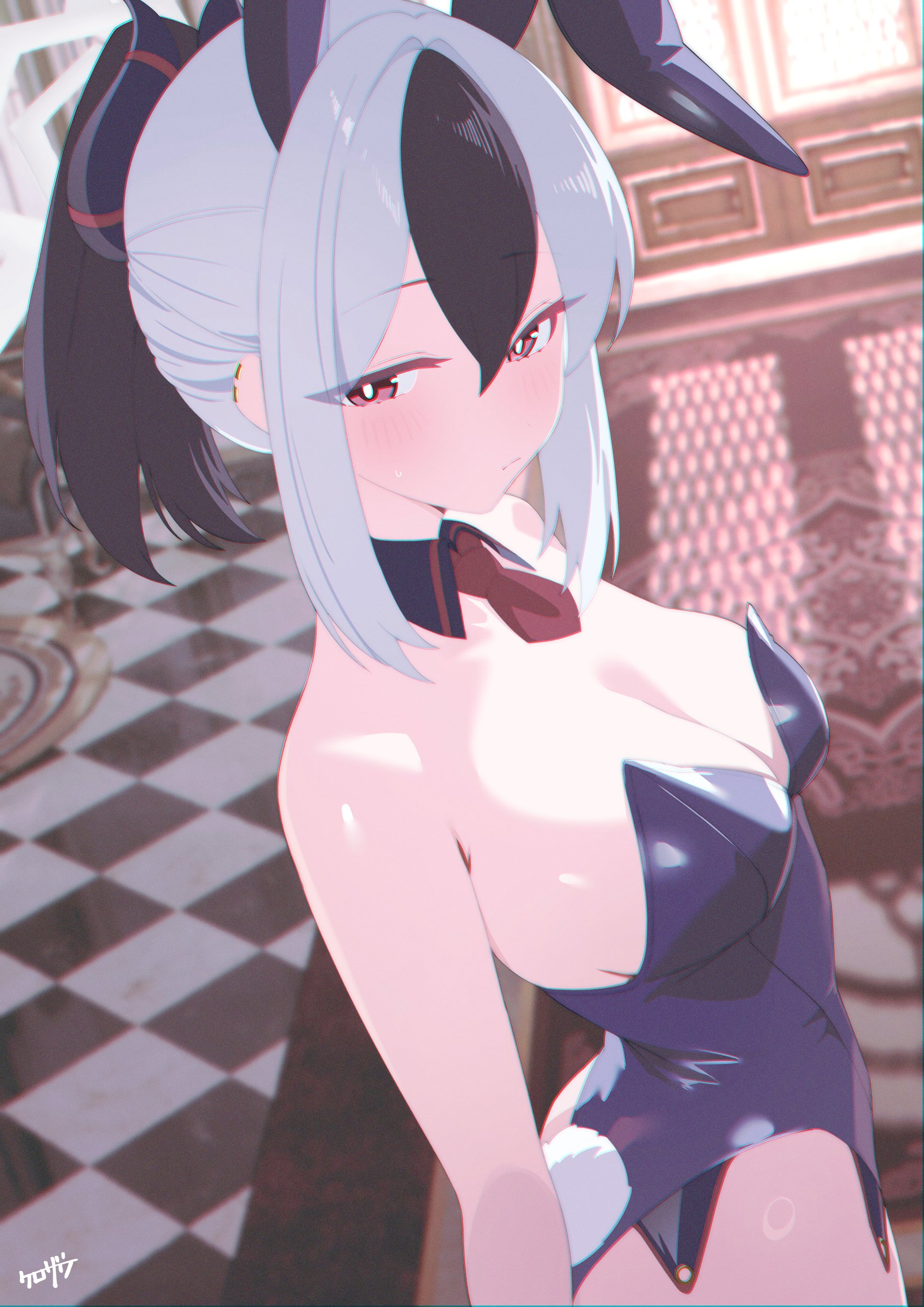 kurozawa yui, kayoko (blue archive), blue archive, absurdres, highres, 1girl, animal ears, bare shoulders, black hair, black leotard, blush, bow, bowtie, breasts, cleavage, detached collar, earrings, fake animal ears, fake tail, hair between eyes, halo, highleg, highleg leotard, horns, jewelry, leotard, looking at viewer, medium breasts, medium hair, multicolored hair, playboy bunny, ponytail, rabbit ears, rabbit tail, red eyes, sidelocks, solo, tail, two-tone hair, white hair