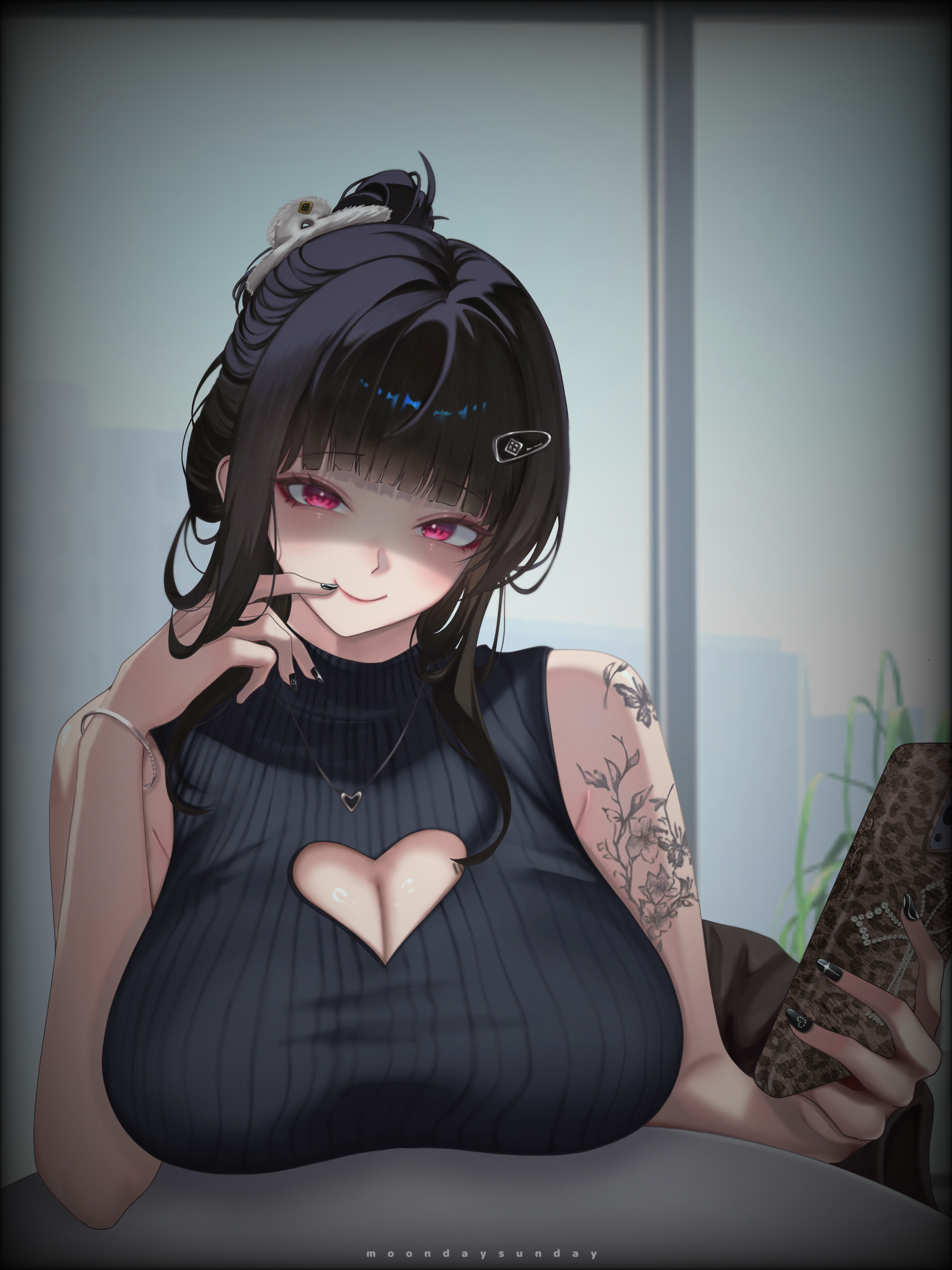matchacha, d (nikke), goddess of victory: nikke, absurdres, highres, 1girl, arm tattoo, black hair, black nails, black sweater, blunt bangs, blush, breasts, cellphone, cleavage, cleavage cutout, closed mouth, clothing cutout, holding, holding phone, large breasts, long hair, looking at viewer, phone, ponytail, red eyes, shaded face, sidelocks, sleeveless, sleeveless turtleneck, smartphone, smile, solo, sweater, tattoo, turtleneck, turtleneck sweater
