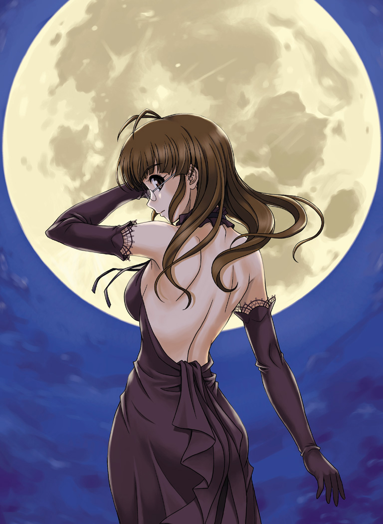 hida tatsuo, akizuki ritsuko, idolmaster, idolmaster (classic), idolmaster 1, 00s, 1girl, alternate costume, antenna hair, arm up, back, backless dress, backless outfit, bare back, bare shoulders, black dress, black gloves, breasts, closed mouth, dress, elbow gloves, evening gown, expressionless, female focus, floating hair, formal clothes, full moon, glasses, gloves, hair down, halterneck, large breasts, looking at viewer, looking back, matching hair/eyes, moon, night, night sky, outdoors, sky, solo