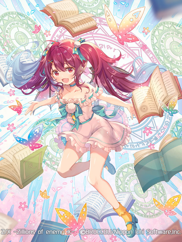 serino itsuki, z/x, official art, 1girl, ahoge, aqua bow, aqua choker, aqua shoes, bat wings, book, bow, bug, butterfly, choker, copyright notice, dress, hair bow, hair ornament, hairpin, insect, long hair, magic circle, nei (z/x), open book, open mouth, orange socks, outstretched arms, pink dress, red eyes, red hair, shoes, socks, solo, spread arms, twintails, wings