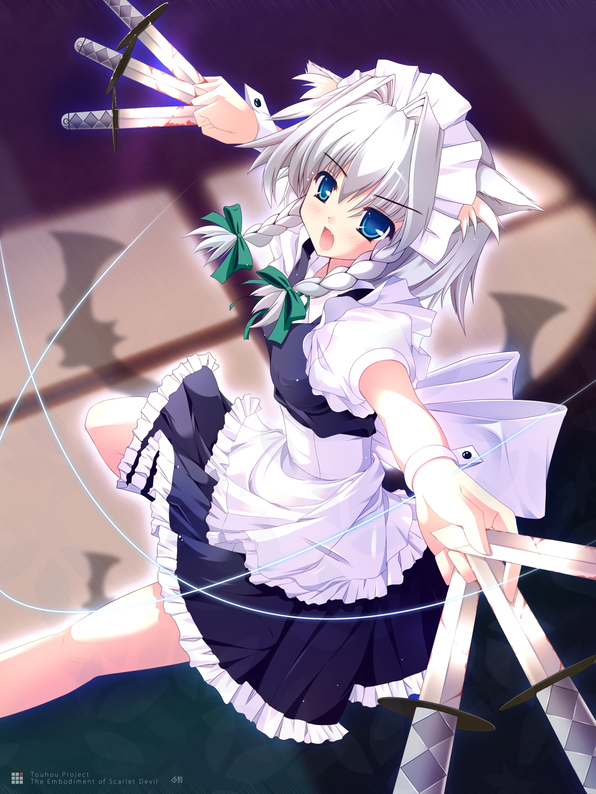 natsumiya yuzu, inu sakuya (nejikirio), izayoi sakuya, touhou, silver hair, highres, 1girl, animal ears, between fingers, blood, blue eyes, braid, cat ears, cat girl, dog ears, fang, female focus, hair ribbon, holding, kemonomimi mode, knife, maid, ribbon, solo, throwing knife, weapon