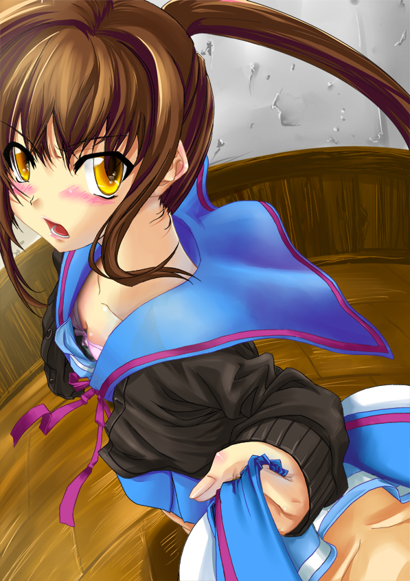hazuki touya, kyougoku touya, kyon, kyonko, kyoto animation, suzumiya haruhi no yuuutsu, 00s, 1girl, bra, brown hair, cardigan, clothes grab, female pov, flat chest, genderswap, genderswap (mtf), lingerie, ponytail, pov, school uniform, serafuku, shirt grab, solo focus, underwear, yellow eyes