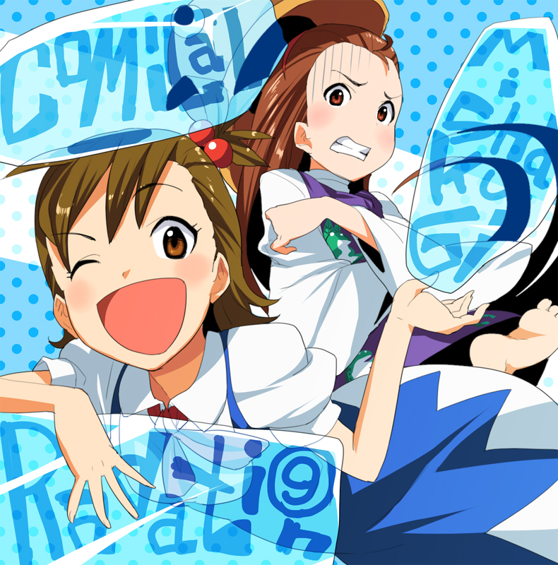 shue, cirno, futami mami, minase iori, moriya suwako, idolmaster, idolmaster (classic), idolmaster 1, touhou, 2girls, barefoot, blush, circled 9, cirno (cosplay), cosplay, female focus, moriya suwako (cosplay), multiple girls, one eye closed, open mouth, polka dot, polka dot background