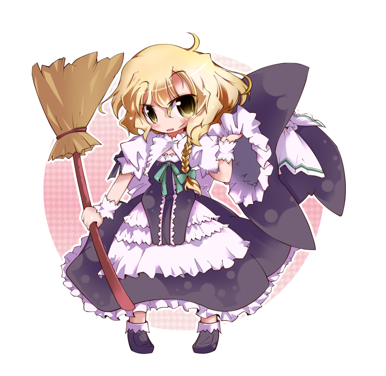 take tonbo, kirisame marisa, touhou, 1girl, blonde hair, bow, braid, broom, chibi, dress, female focus, hair bow, hat, hat bow, holding, holding unworn hat, ribbon, solo, unworn hat, unworn headwear, witch, witch hat, wrist cuffs, yellow eyes