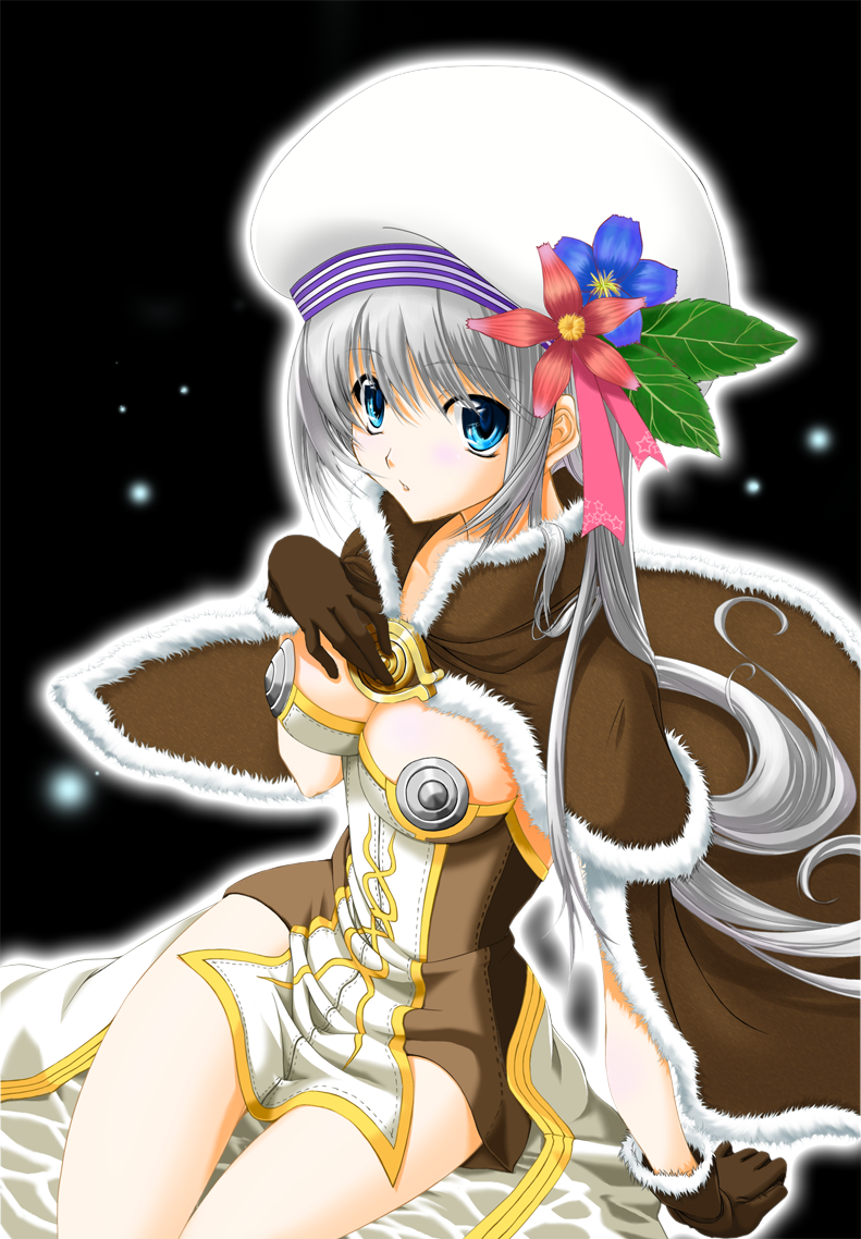 hazuki touya, kyougoku touya, high wizard (ragnarok online), ragnarok online, 1girl, ||/, aqua eyes, cape, female focus, flower, gloves, hat, hat ornament, leaf hat ornament, long hair, solo, very long hair, white hat