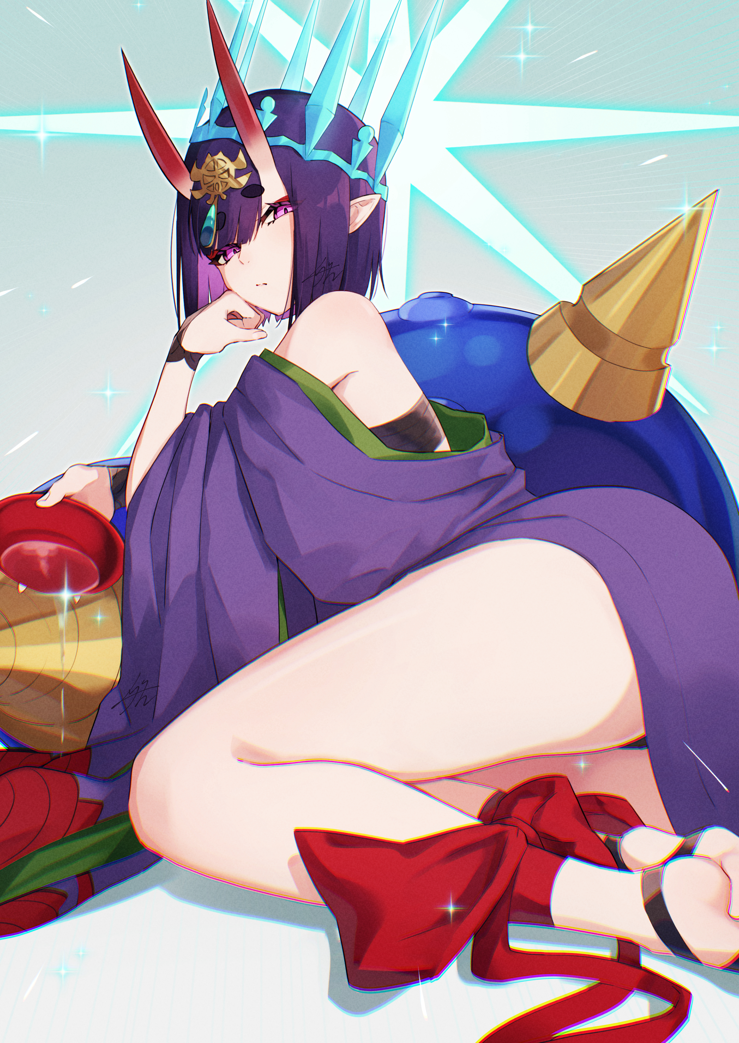 izanaware game, shuten douji (fate), fate/grand order, fate (series), absurdres, highres, 1girl, alcohol, ankle ribbon, ass, bare shoulders, breasts, crown, cup, eyeliner, headpiece, horns, japanese clothes, kimono, leg ribbon, long sleeves, looking at viewer, lying, makeup, off shoulder, oni, pointy ears, purple eyes, purple hair, purple kimono, ribbon, sakazuki, sake, short hair, skin-covered horns, small breasts, solo, wide sleeves