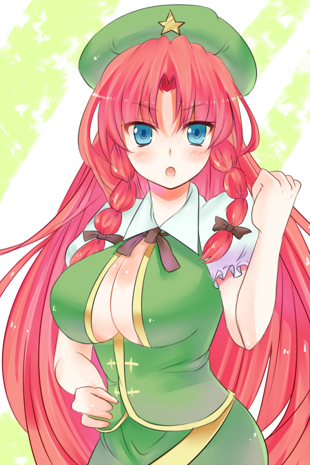mamepon, hong meiling, immaterial and missing power, touhou, bad id, bad pixiv id, 1girl, beret, blue eyes, braid, breasts, cleavage, female focus, hat, impossible clothes, impossible shirt, large breasts, long hair, red hair, shirt, skirt, solo, twin braids
