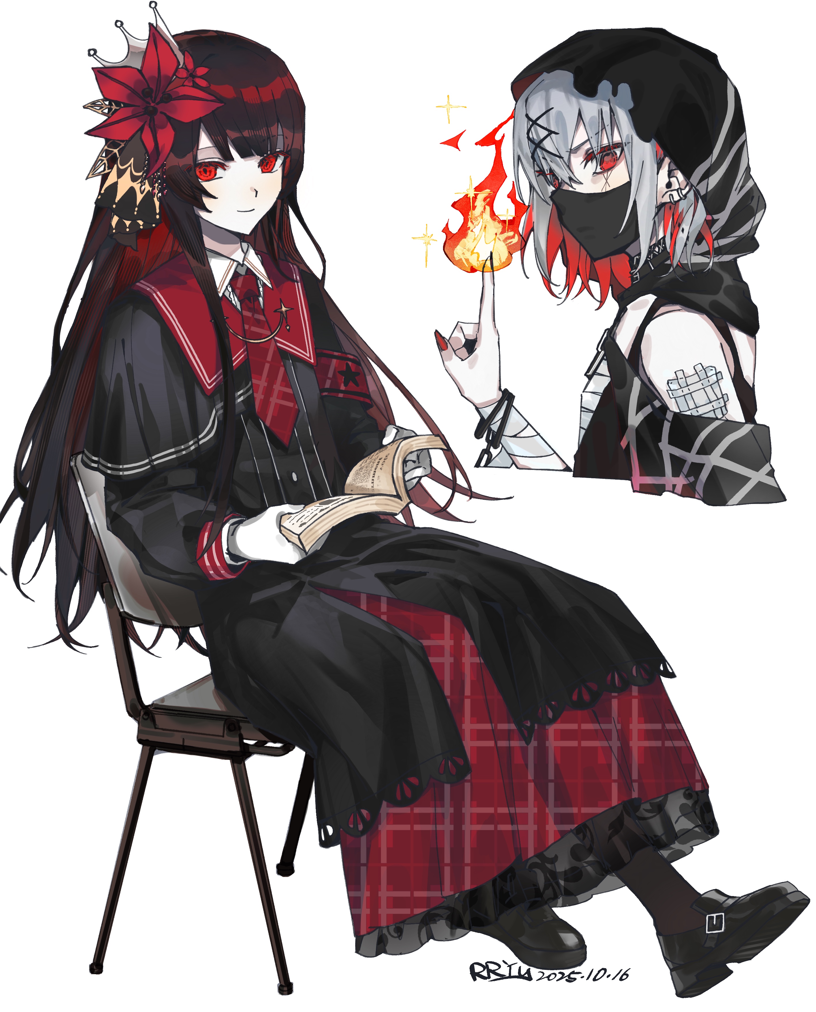 rryy, nikaido hiro, shito alisa, mahou shoujo no majo saiban, absurdres, highres, 2girls, armband, black hair, black shirt, black shoes, black skirt, book, chair, closed mouth, colored inner hair, covered mouth, fire, flower, full body, grey hair, hair flower, hair ornament, holding, holding book, index fingers together, layered skirt, loafers, long hair, long skirt, long sleeves, looking at viewer, mask, mouth mask, multicolored hair, multiple girls, necktie, open book, pyrokinesis, reading, red armband, red eyes, red flower, red necktie, red sailor collar, red skirt, sailor collar, shirt, shoes, short hair, simple background, sitting, skirt, smile, upper body, white background, x hair ornament