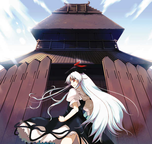 tamaki fuyu, kamishirasawa keine, touhou, silver hair, 1girl, blue dress, building, dress, female focus, from behind, hat, long hair, looking at viewer, puffy short sleeves, puffy sleeves, short sleeves, shrine, solo, tate eboshi, very long hair