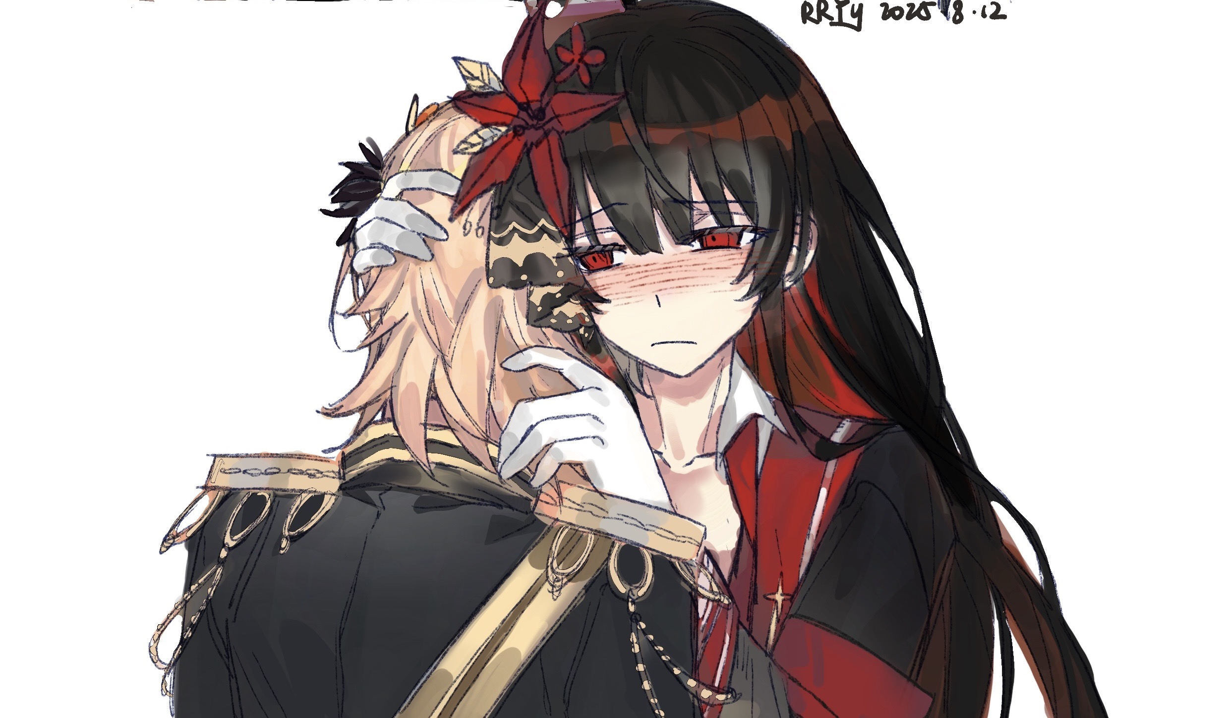 rryy, hasumi leia, nikaido hiro, mahou shoujo no majo saiban, chinese commentary, commentary request, highres, 2girls, black hair, black jacket, blonde hair, blush, closed mouth, epaulettes, flower, frown, gloves, hair flower, hair ornament, hug, jacket, long hair, looking at another, multiple girls, red eyes, red flower, short hair, simple background, upper body, white background, white gloves, yuri