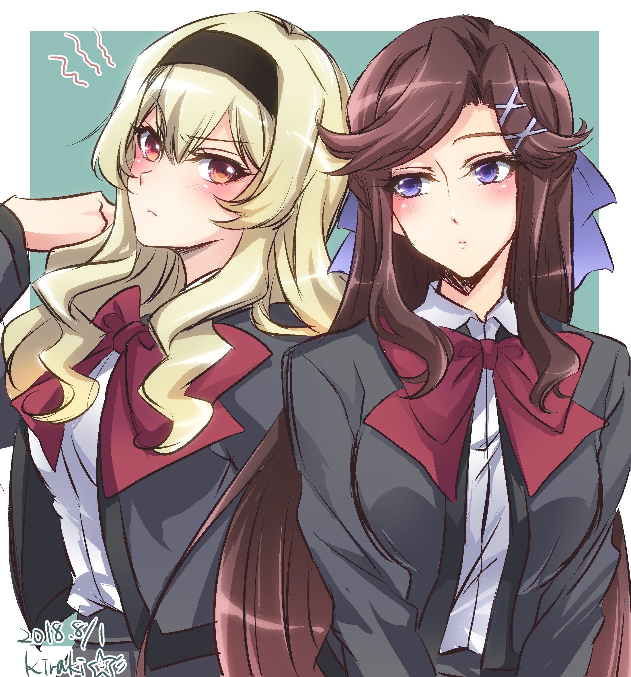 kiraki, saijou claudine, tendou maya, shoujo kageki revue starlight, commentary request, highres, 2girls, annoyed, artist name, black hairband, blonde hair, blush, border, bow, bowtie, breasts, brown hair, closed mouth, collared shirt, green background, grey jacket, hair bow, hair ornament, hairband, hand up, jacket, long hair, long sleeves, looking at another, looking at viewer, looking to the side, medium breasts, multiple girls, open clothes, open jacket, outside border, parted bangs, pink eyes, purple bow, purple eyes, red bow, red bowtie, school uniform, seishou music academy uniform, shirt, side-by-side, sidelocks, sideways glance, simple background, star (symbol), upper body, v-shaped eyebrows, v arms, white border, white shirt, x hair ornament