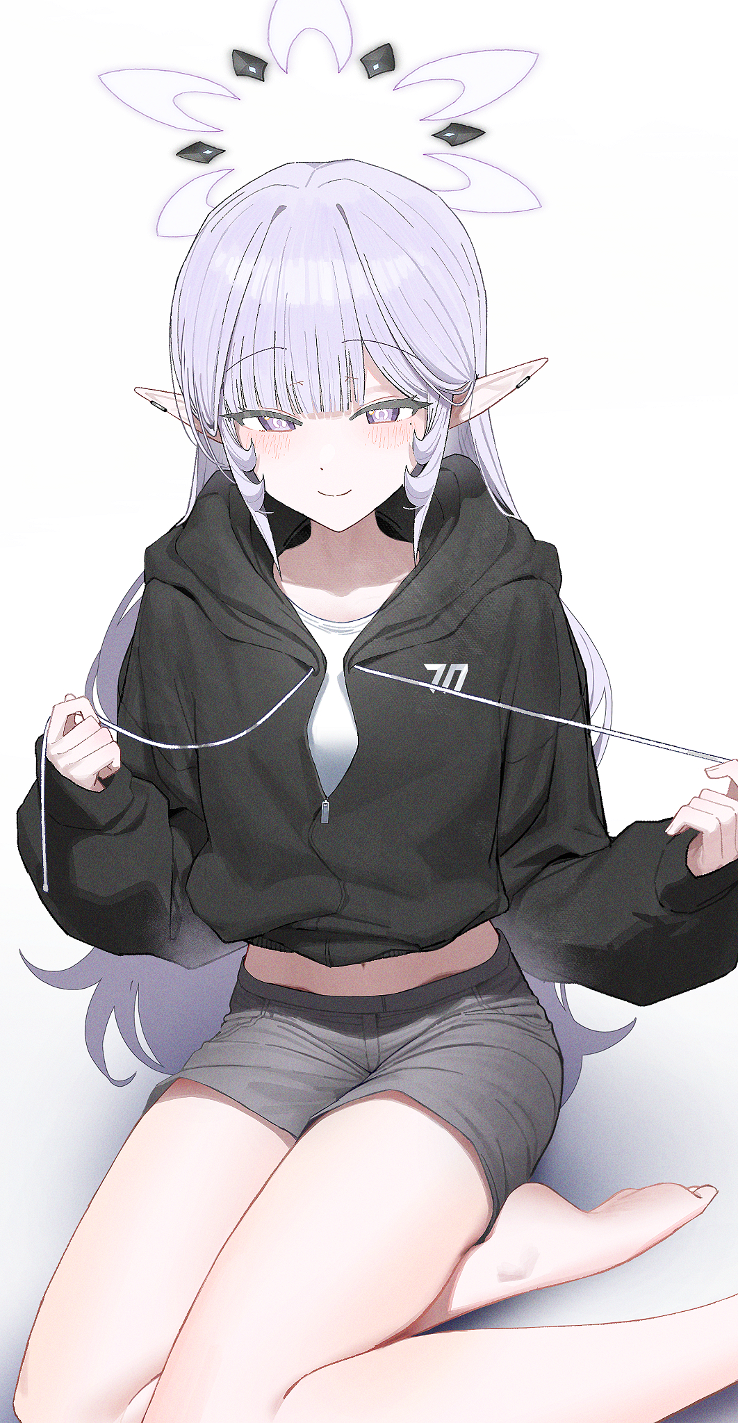 zanya 000, himari (blue archive), blue archive, commentary request, highres, partial commentary, 1girl, bare legs, barefoot, black jacket, blush, casual, earclip, grey hair, grey shorts, halo, hood, hooded jacket, jacket, long hair, long pointy ears, looking at viewer, midriff, mole, mole under eye, navel, partially unzipped, pointy ears, short shorts, shorts, sitting, smile, solo, very long hair, yokozuwari