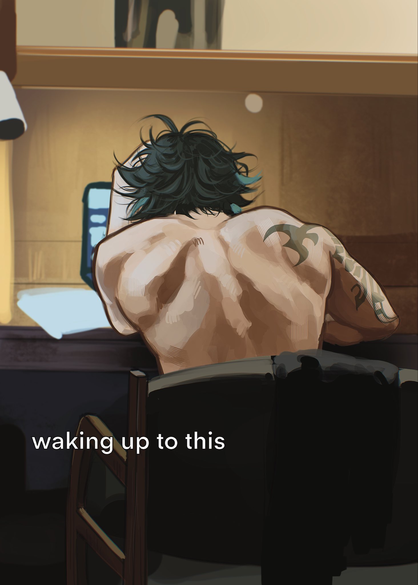 ushy (narutoss ramen), xiao (genshin impact), genshin impact, commentary, hashtag-only commentary, highres, 1boy, arm tattoo, back, computer, english text, from behind, green hair, green tattoo, laptop, male focus, meme, short hair, sitting, solo, tattoo, waking up to this (meme)