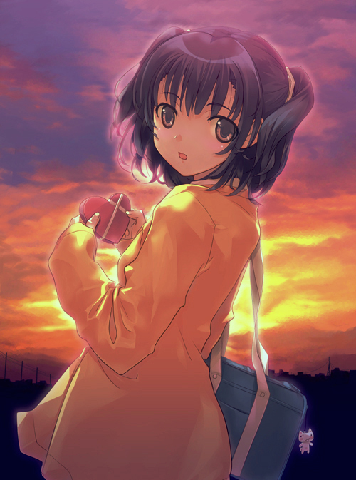 dasoku sentarou, original, 1girl, bag, black hair, brown eyes, cloud, cloudy sky, coat, female focus, from side, heart, long sleeves, looking at viewer, looking to the side, open mouth, outdoors, shoulder bag, sky, solo, sunset, twintails, two side up, valentine