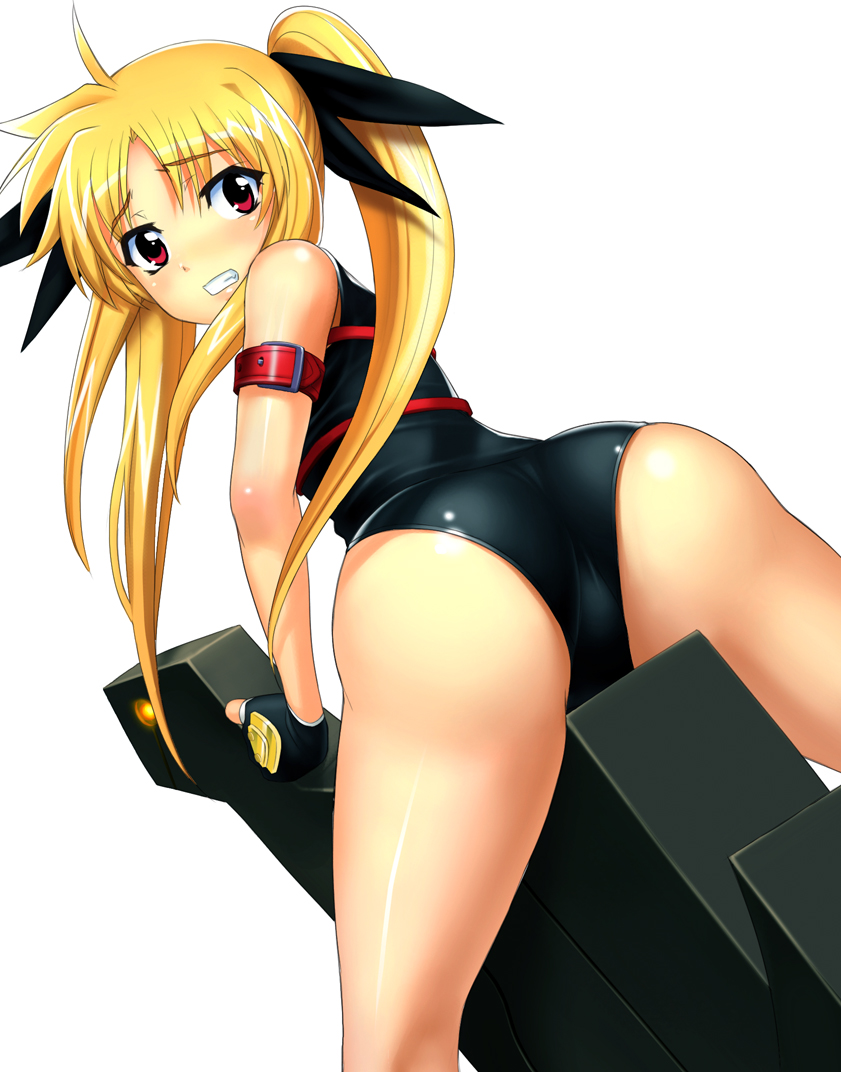 blight essence, fate testarossa, fate testarossa (lightning form), lyrical nanoha, mahou shoujo lyrical nanoha, bad id, bad pixiv id, 00s, 1girl, ass, blonde hair, female focus, red eyes, simple background, solo, twintails, white background